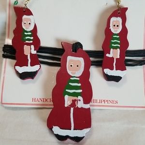 New Wood Santa Christmas Necklace Earring Set